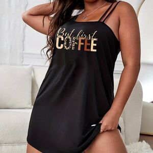 But First Coffee Black Print Slip Night Gown 1XL -A